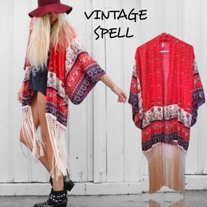 Vintage Spell Designs Desert Wanderer Red Bohemian Fringe Kimono Coverup OS NWOT